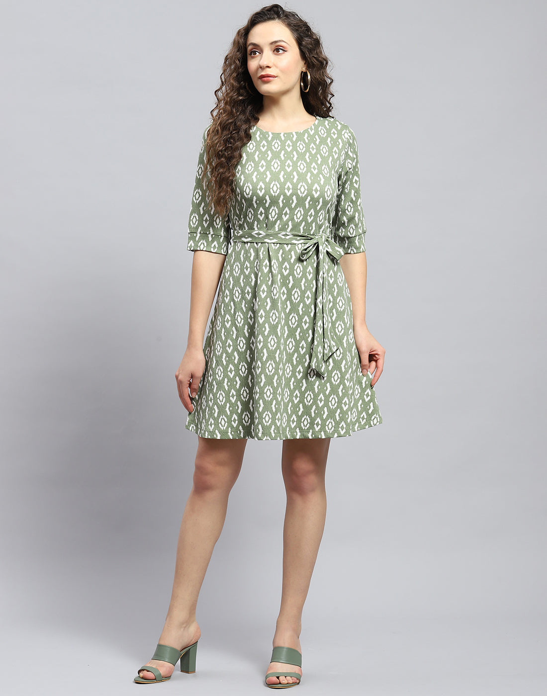 Women Green Printed Round Neck Short Sleeve Dress