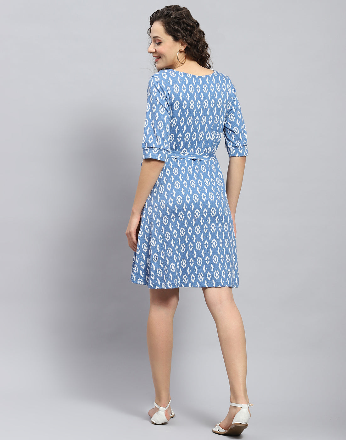 Women Blue Printed Round Neck Short Sleeve Dress