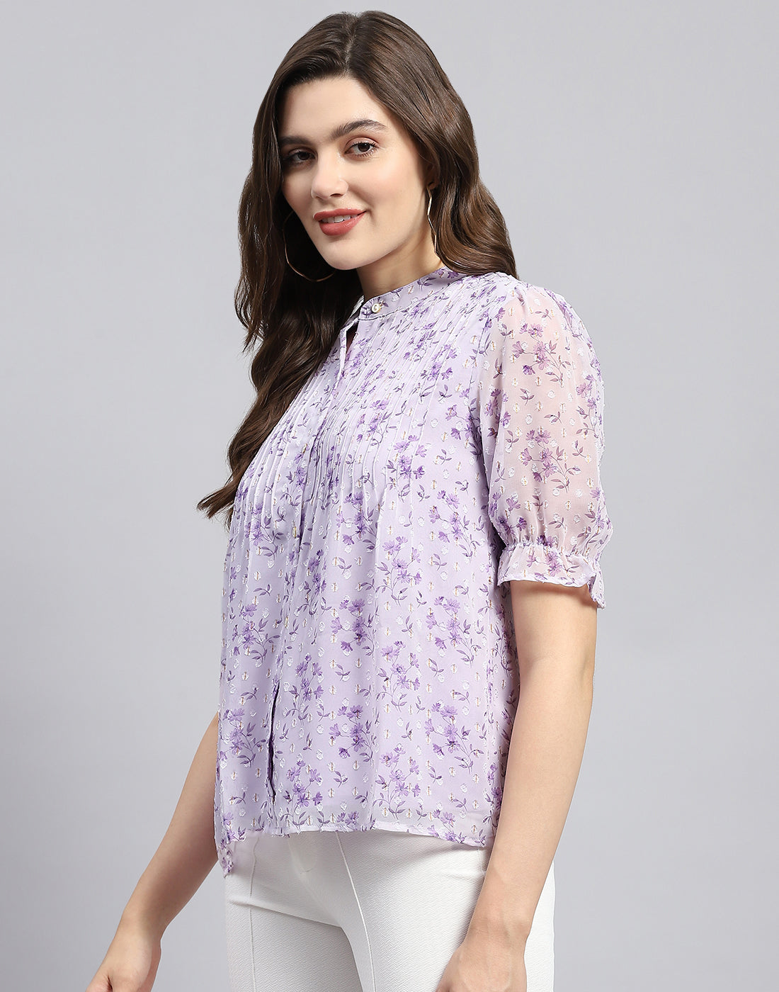 Women Purple Printed Mandarin Neck Half Sleeve Top