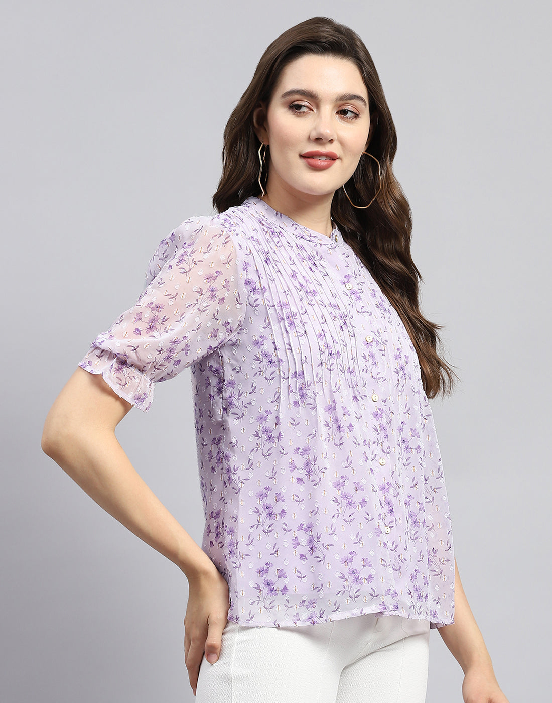 Women Purple Printed Mandarin Neck Half Sleeve Top
