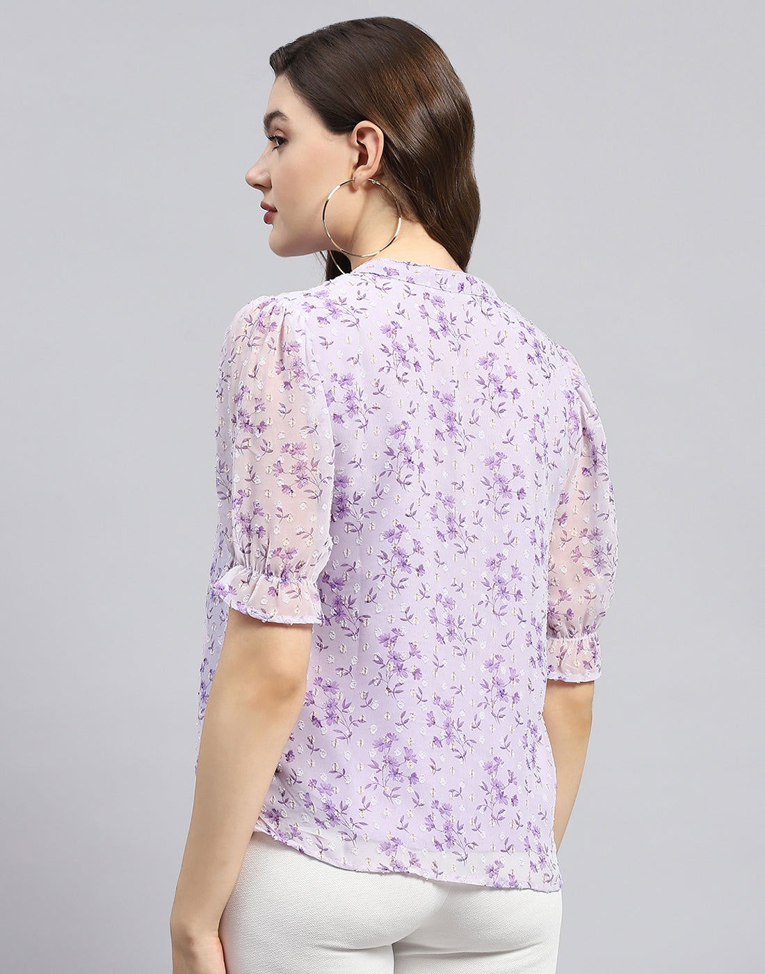 Women Purple Printed Mandarin Neck Half Sleeve Top