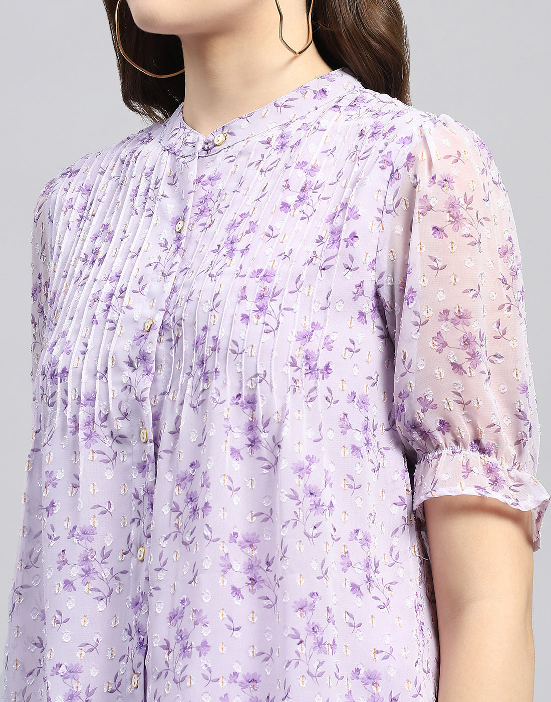 Women Purple Printed Mandarin Neck Half Sleeve Top