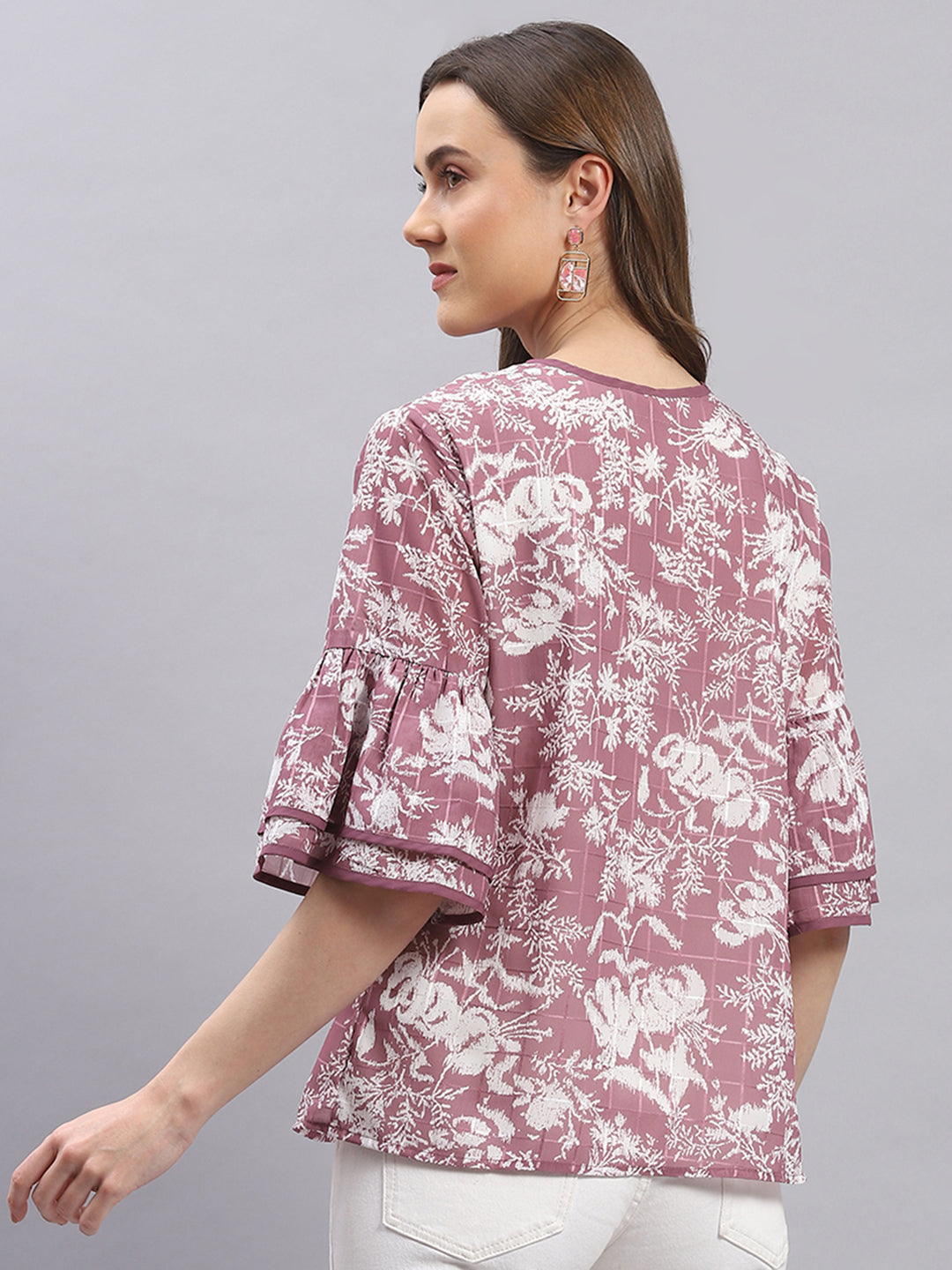 Women Mauve Printed Round Neck 3/4 Sleeve Top