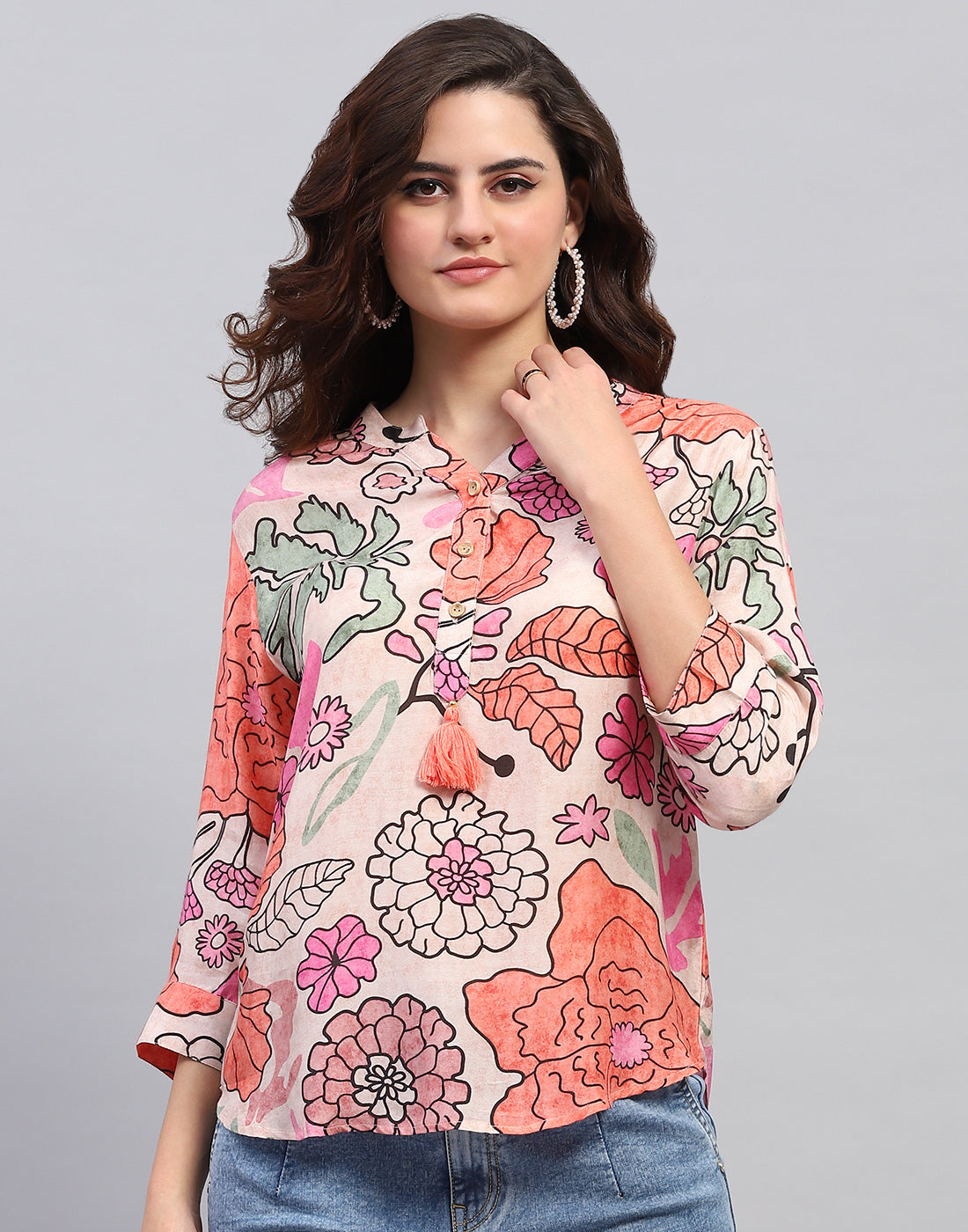 Women Peach Printed Fashion Neck 3/4 Sleeve Top