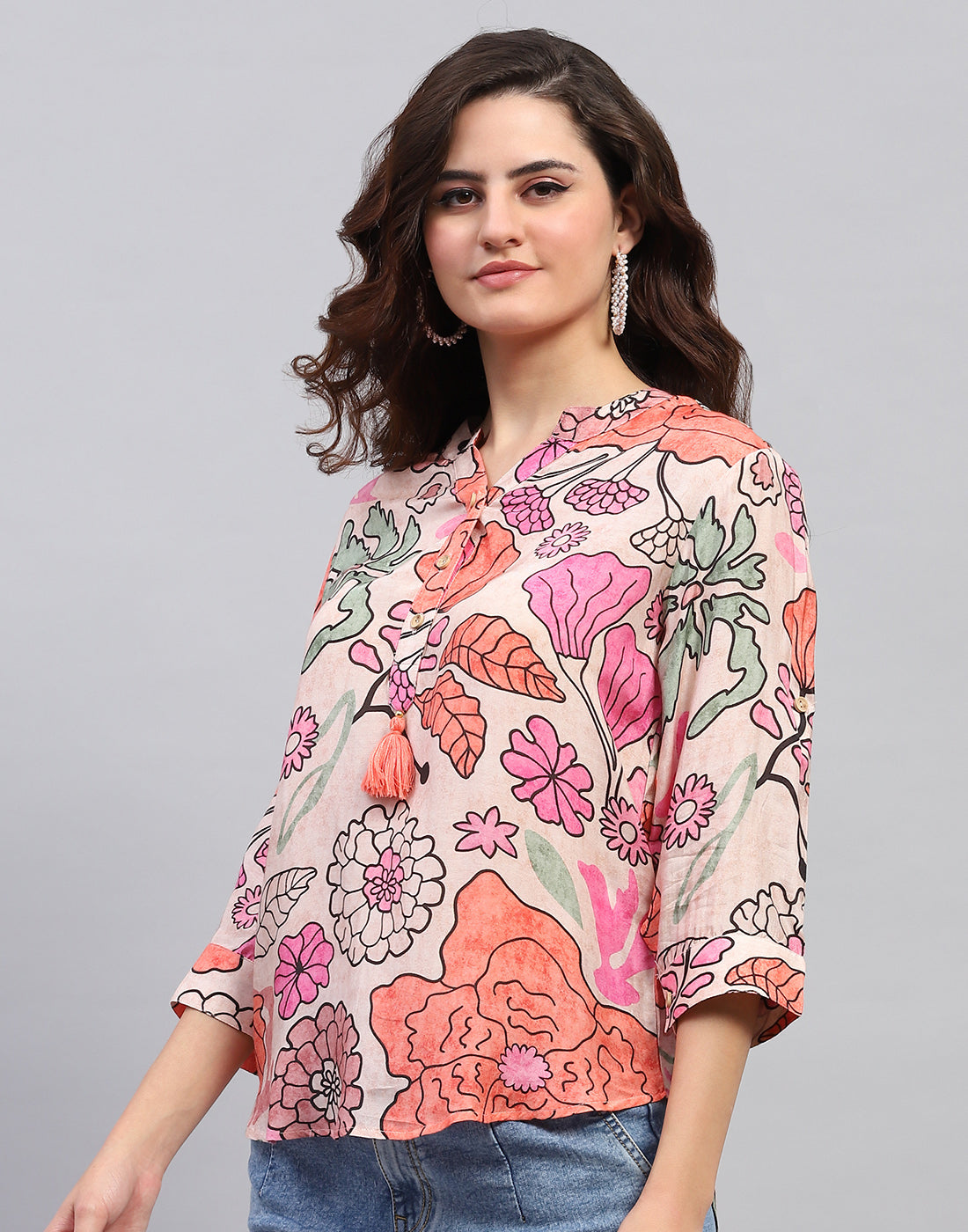 Women Peach Printed Fashion Neck 3/4 Sleeve Top