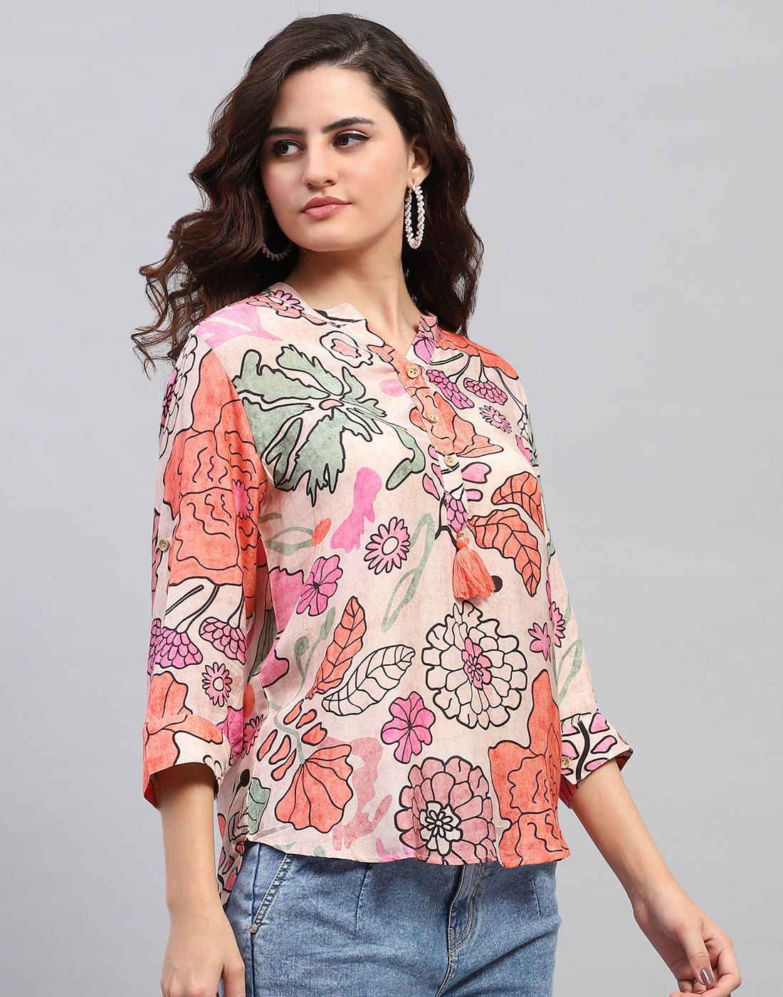 Women Peach Printed Fashion Neck 3/4 Sleeve Top