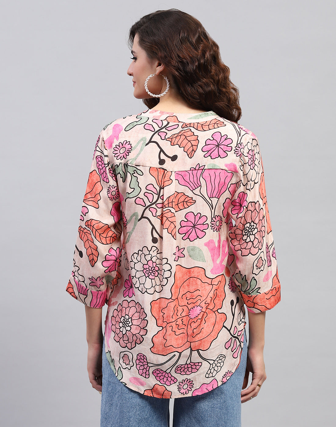Women Peach Printed Fashion Neck 3/4 Sleeve Top