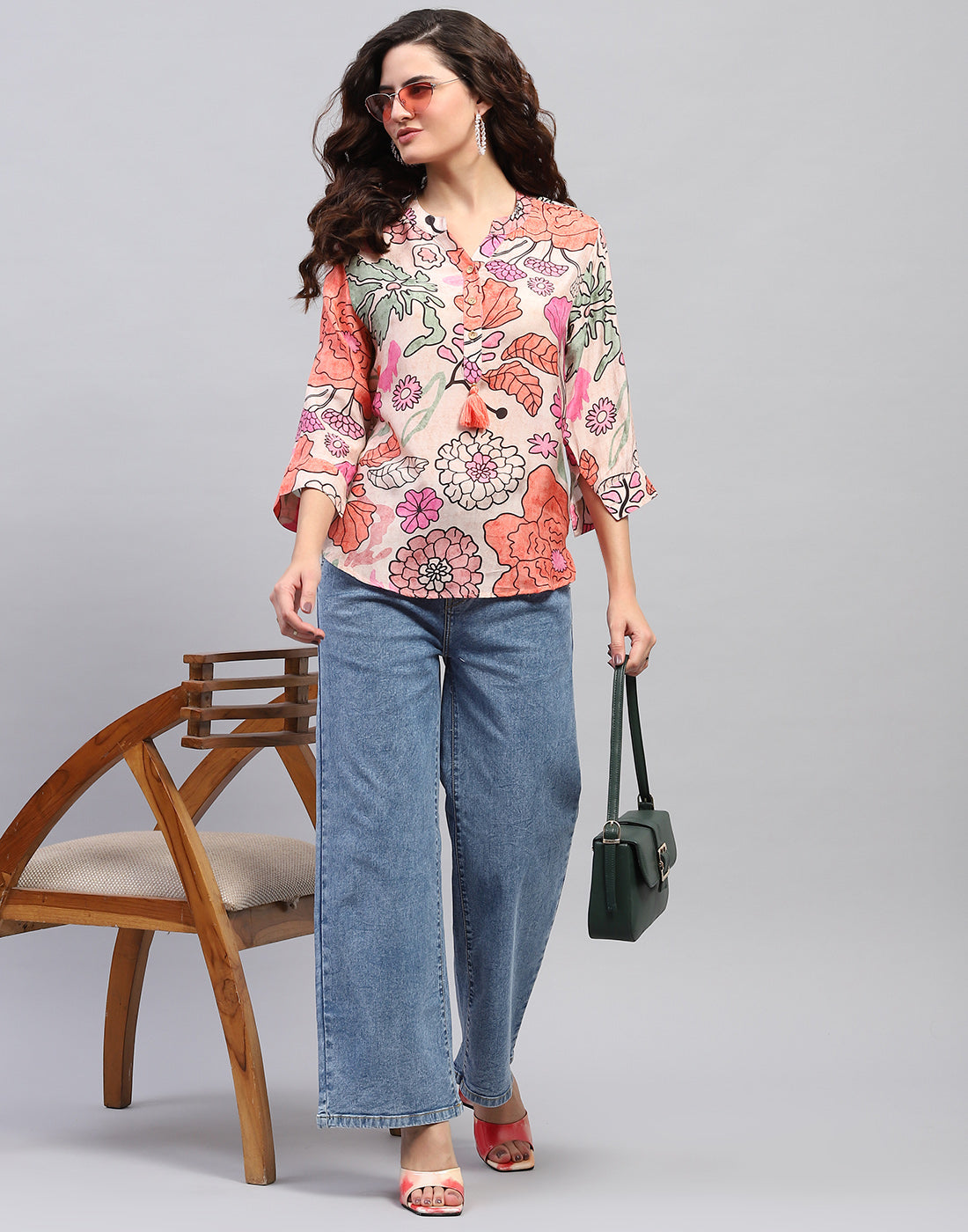 Women Peach Printed Fashion Neck 3/4 Sleeve Top