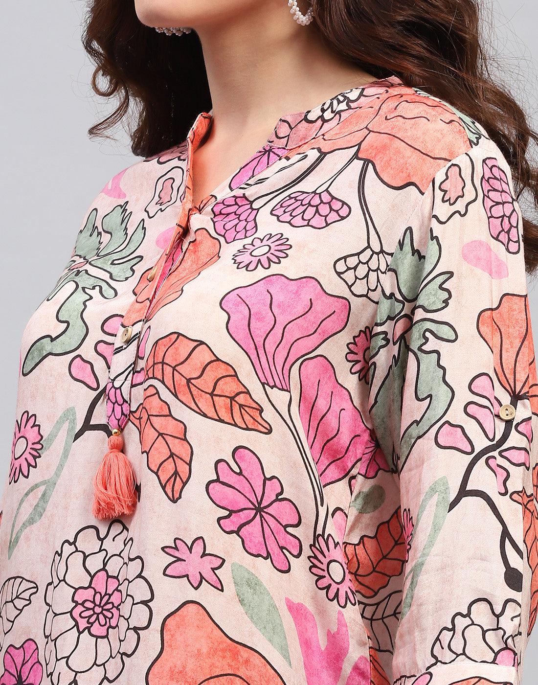 Women Peach Printed Fashion Neck 3/4 Sleeve Top