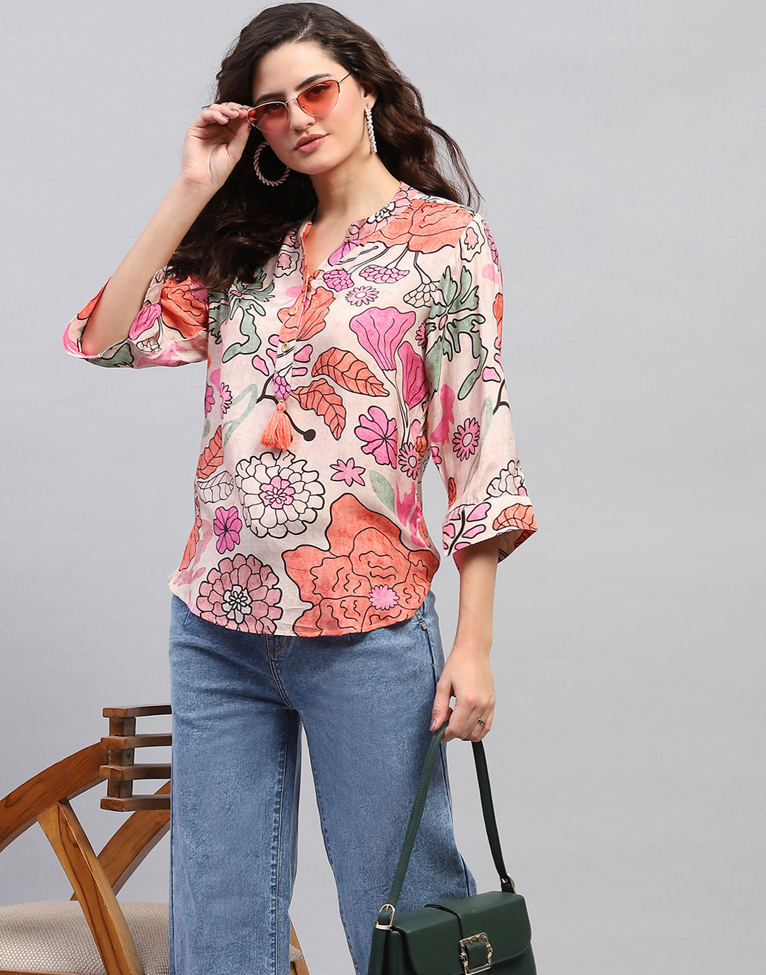 Women Peach Printed Fashion Neck 3/4 Sleeve Top