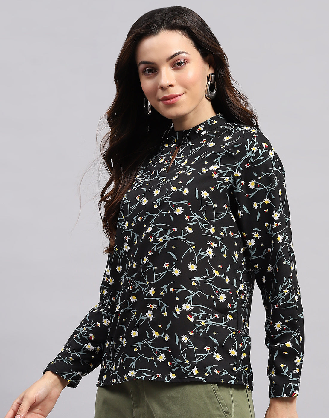 Women Black Printed Band Collar Full Sleeve Top