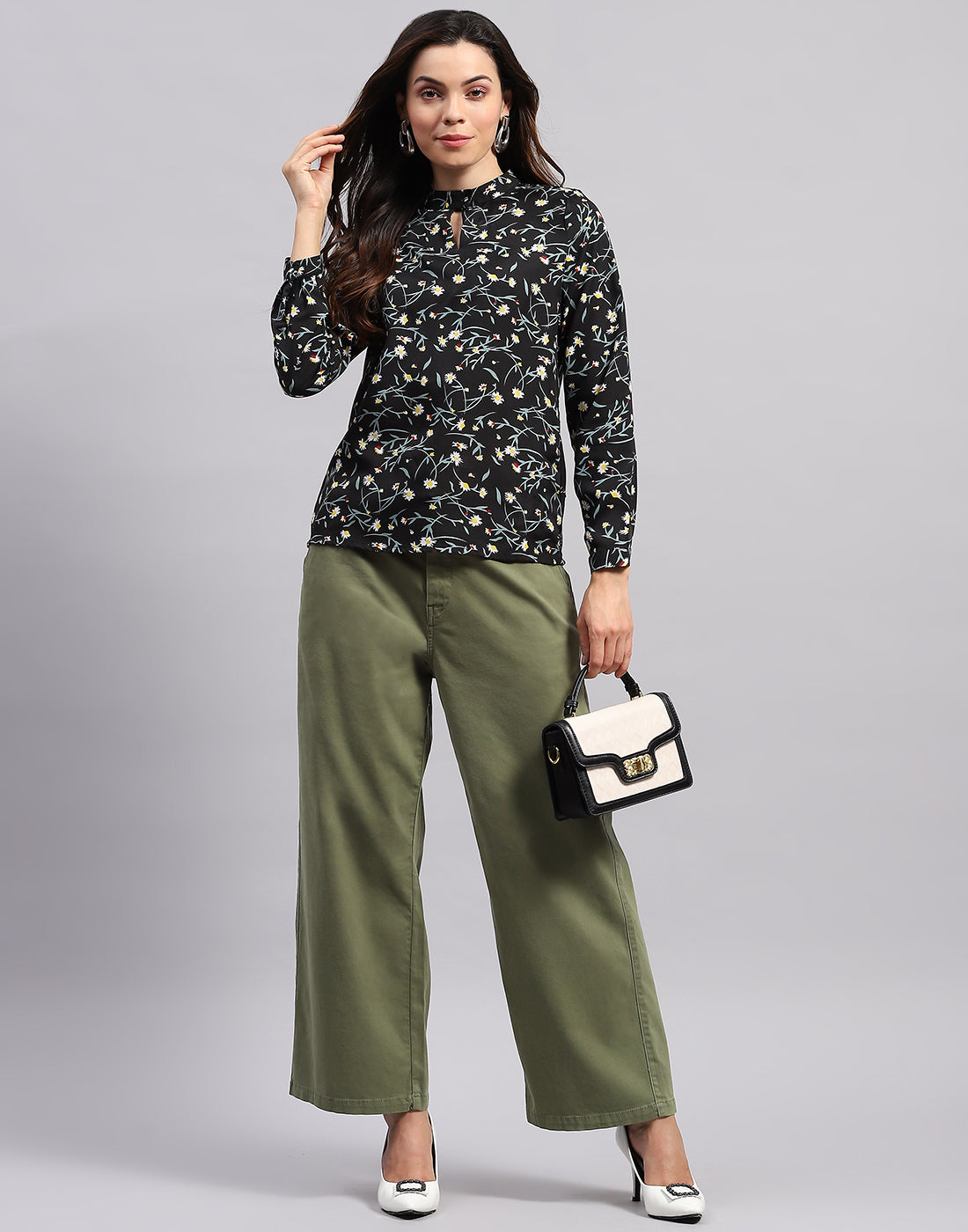 Women Black Printed Band Collar Full Sleeve Top