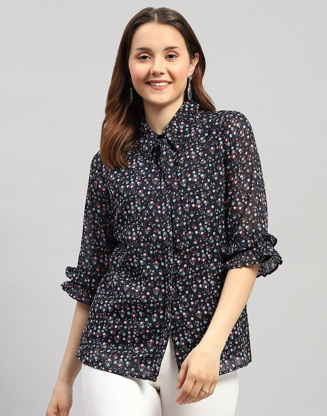 Women Navy Blue Floral Print Collar Neck 3/4 Sleeve Top