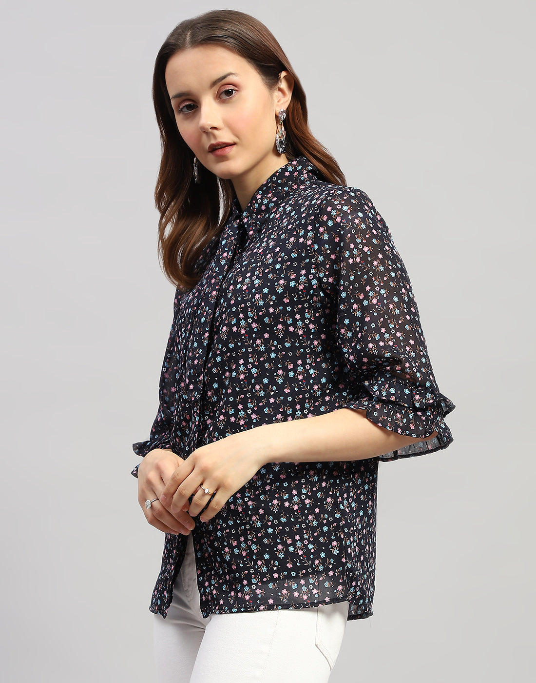 Women Navy Blue Floral Print Collar Neck 3/4 Sleeve Top