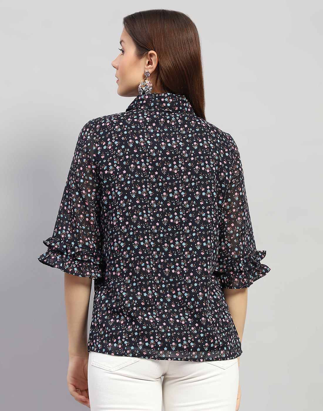 Women Navy Blue Floral Print Collar Neck 3/4 Sleeve Top