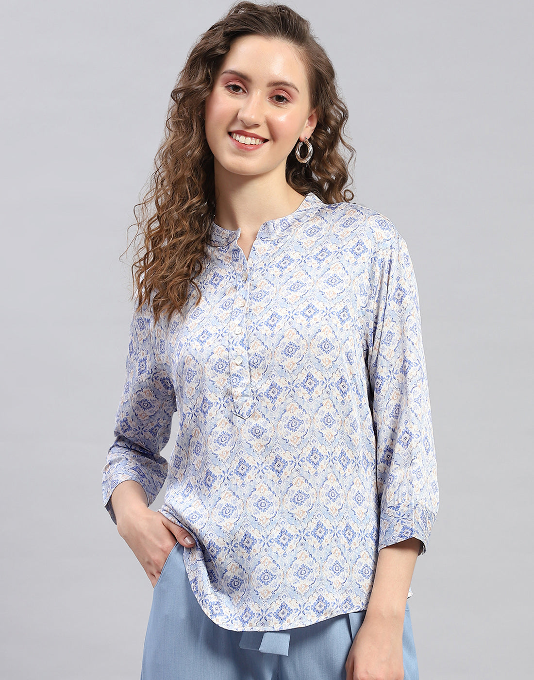 Women Sky Blue Printed Mandarin Neck 3/4 Sleeve Top