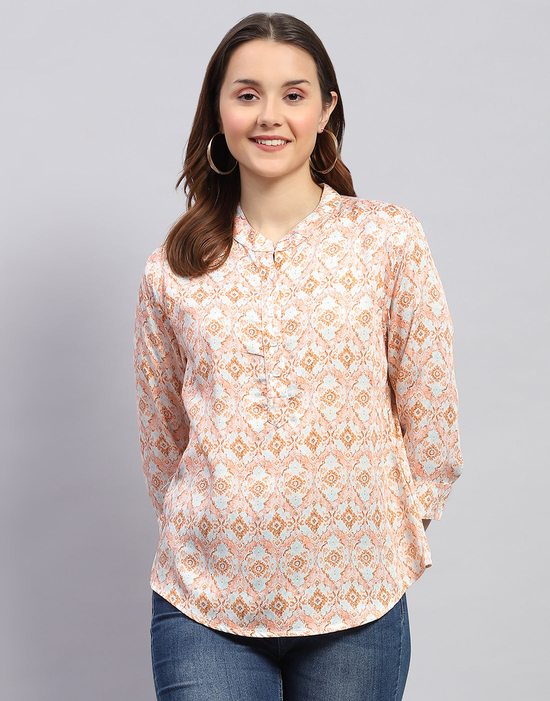 Women Peach Printed Mandarin Neck 3/4 Sleeve Top