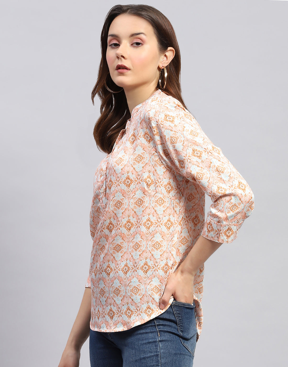 Women Peach Printed Mandarin Neck 3/4 Sleeve Top