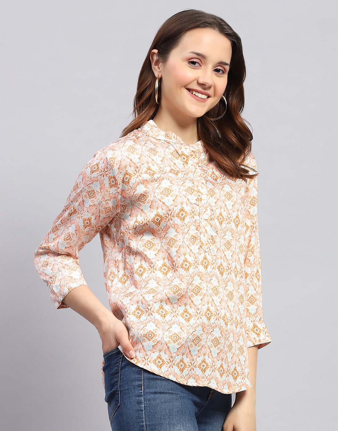 Women Peach Printed Mandarin Neck 3/4 Sleeve Top
