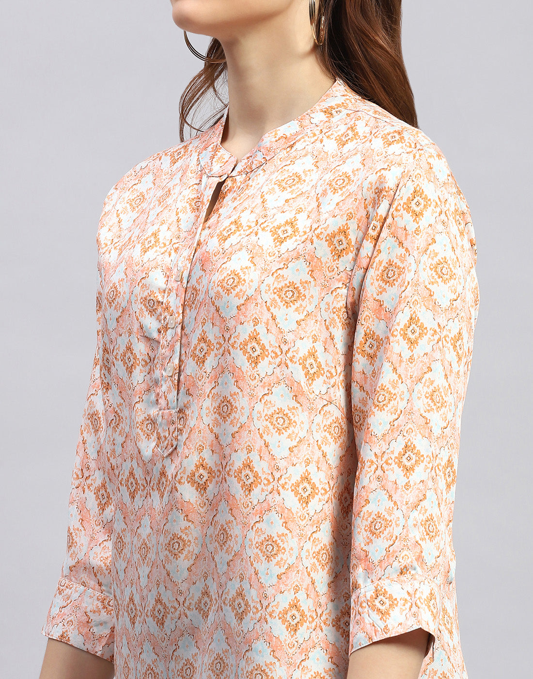 Women Peach Printed Mandarin Neck 3/4 Sleeve Top