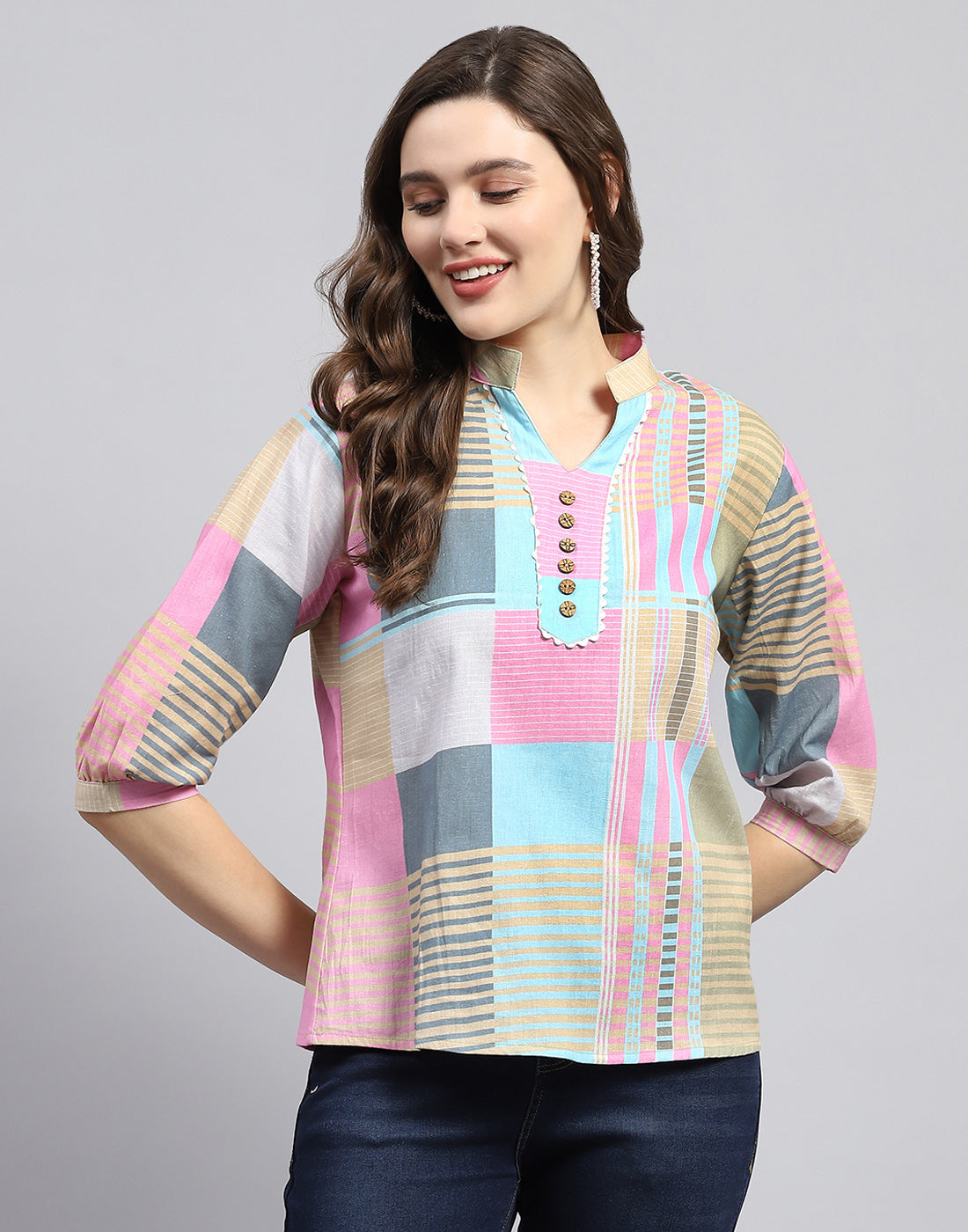 Women Blue Check Mandarin Neck 3/4 Sleeve Top