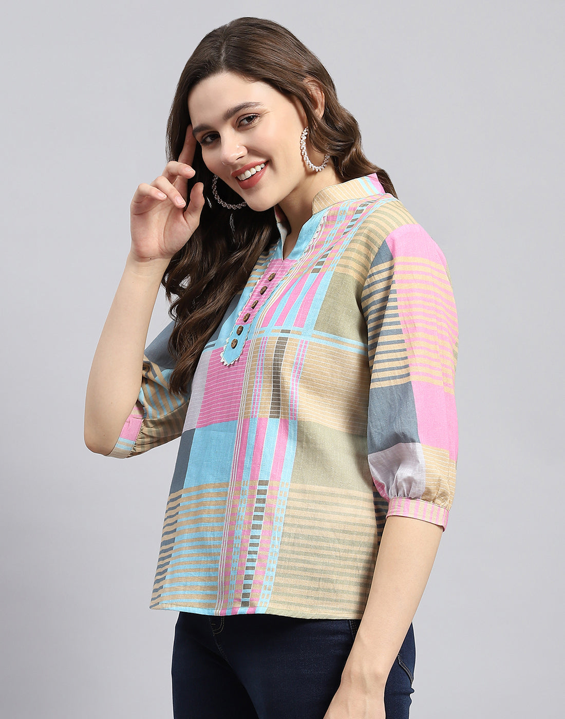 Women Blue Check Mandarin Neck 3/4 Sleeve Top