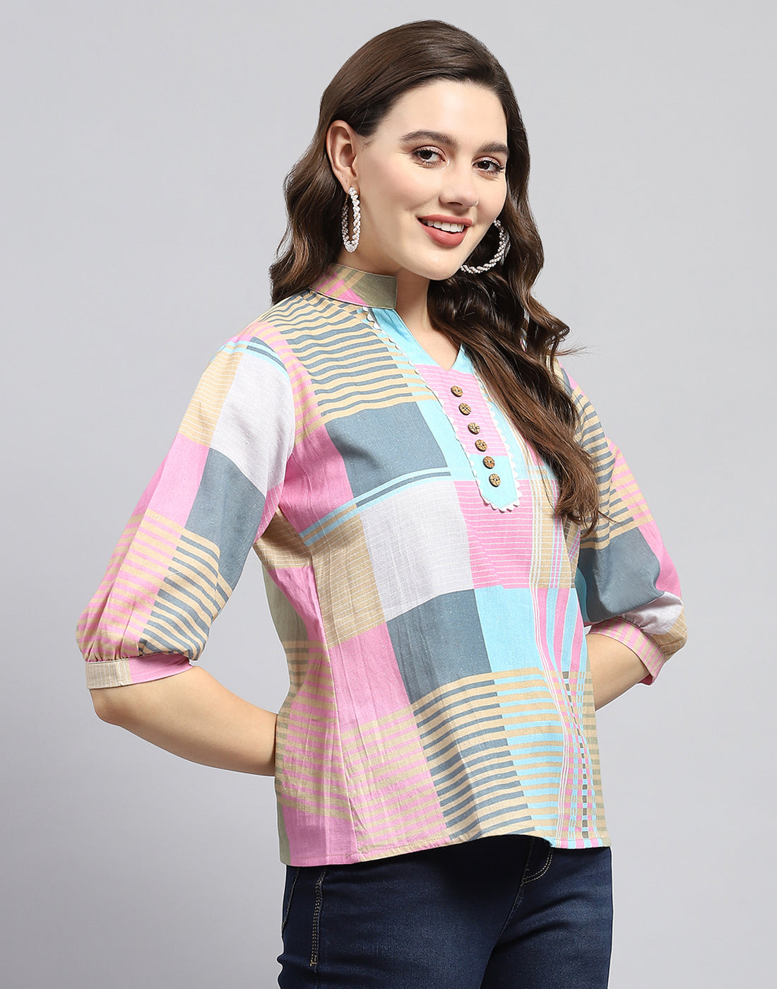 Women Blue Check Mandarin Neck 3/4 Sleeve Top