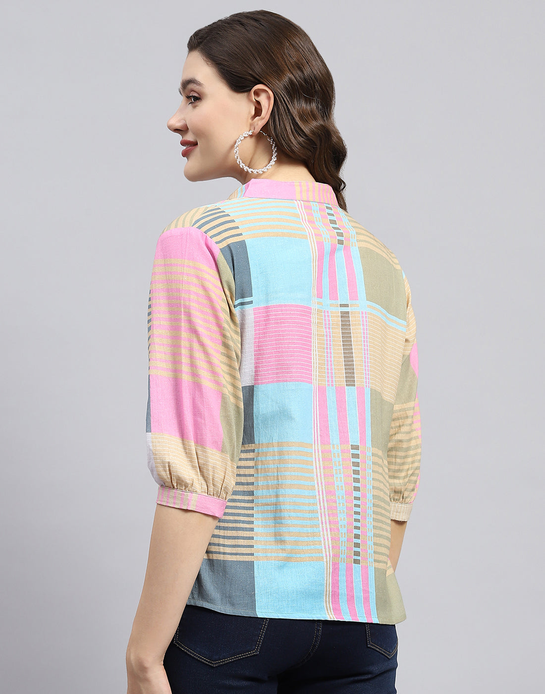 Women Blue Check Mandarin Neck 3/4 Sleeve Top