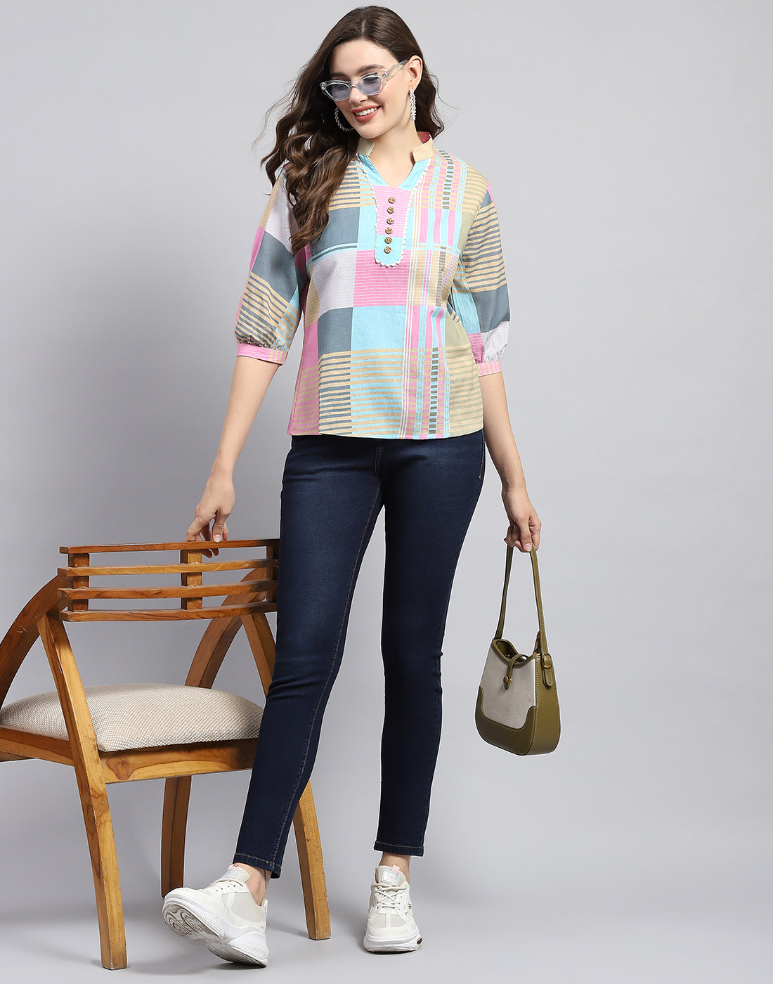 Women Blue Check Mandarin Neck 3/4 Sleeve Top