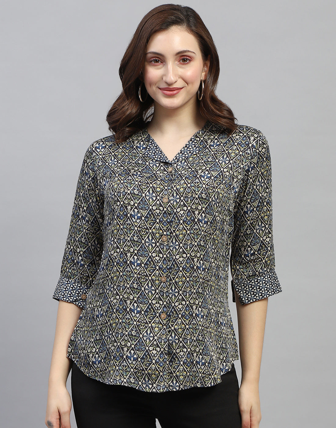 Women Green Printed Collar Neck 3/4 Sleeve Top