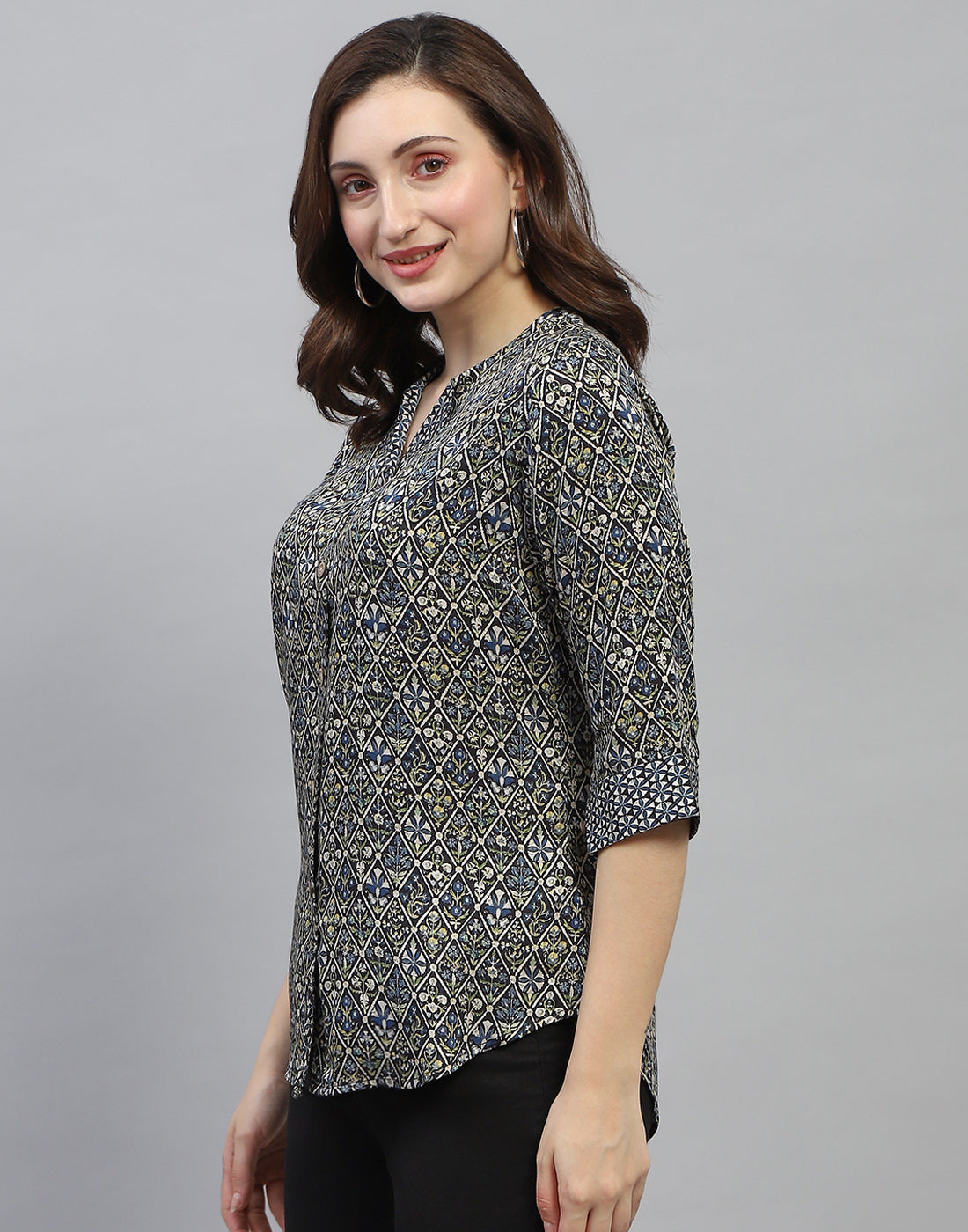 Women Green Printed Collar Neck 3/4 Sleeve Top