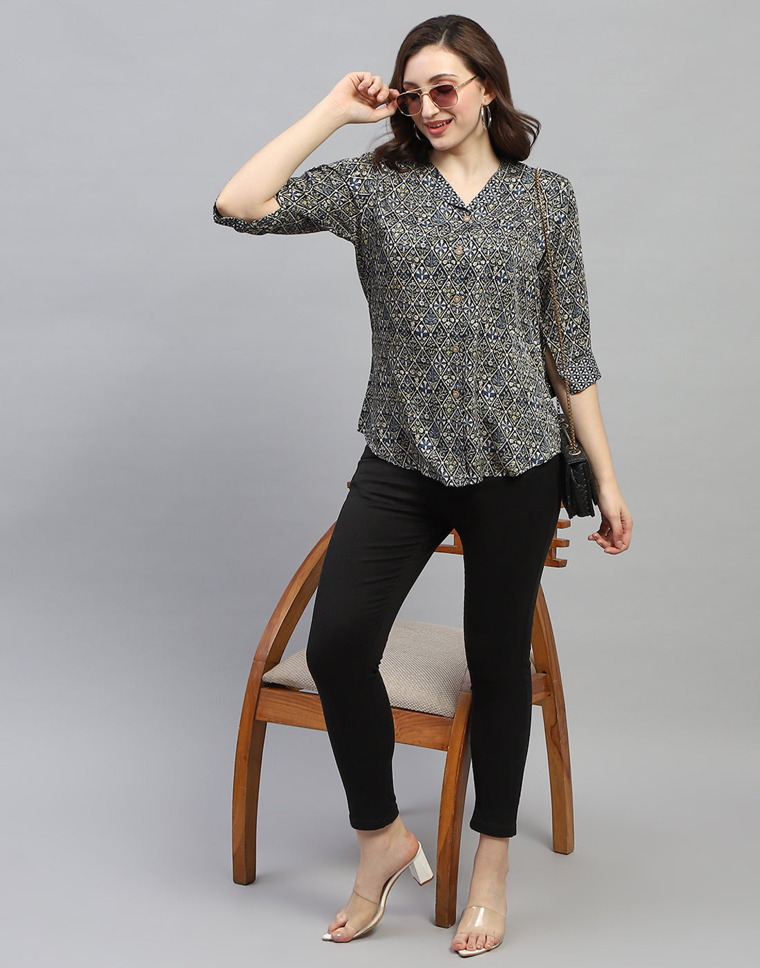 Women Green Printed Collar Neck 3/4 Sleeve Top