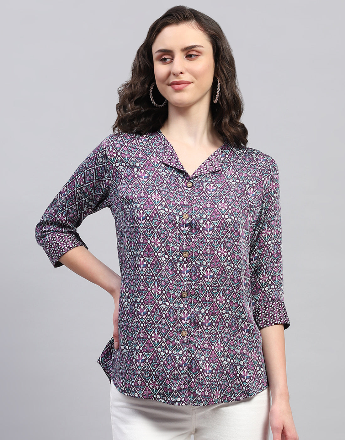 Women Purple Printed Collar Neck 3/4 Sleeve Top