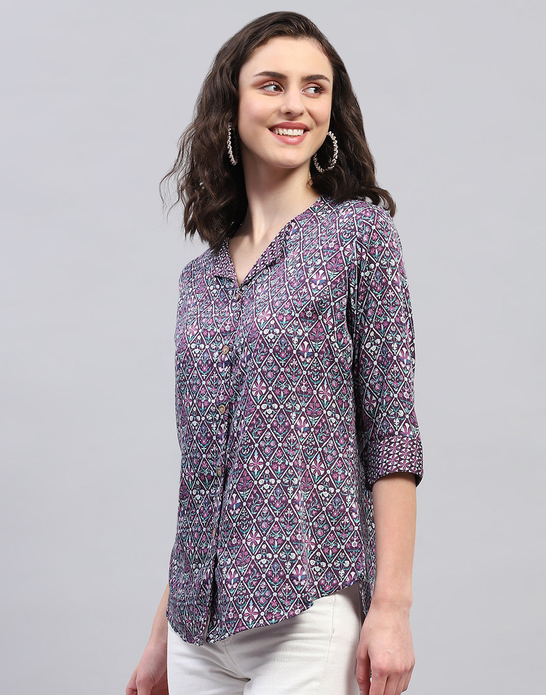 Women Purple Printed Collar Neck Top