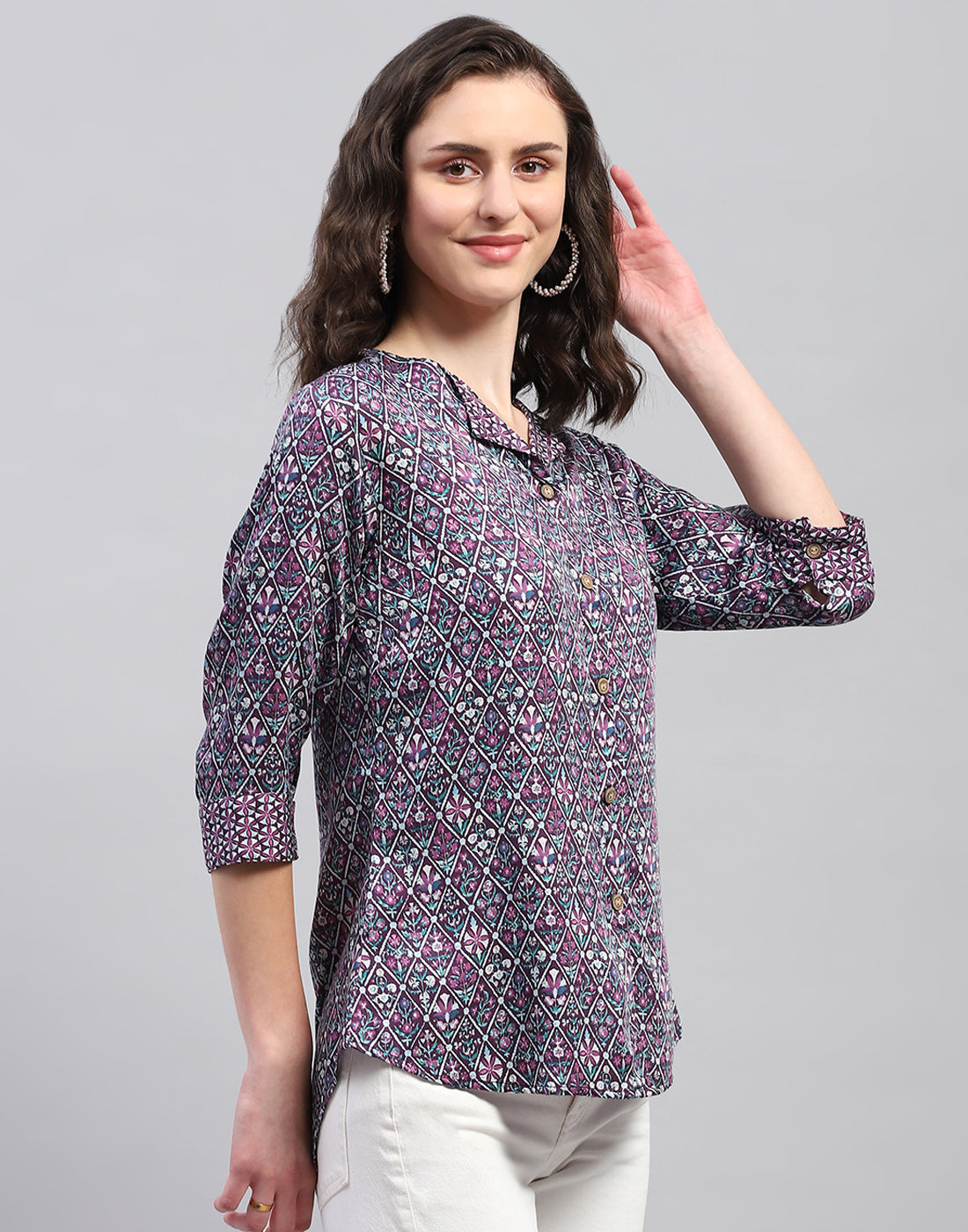 Women Purple Printed Collar Neck Top