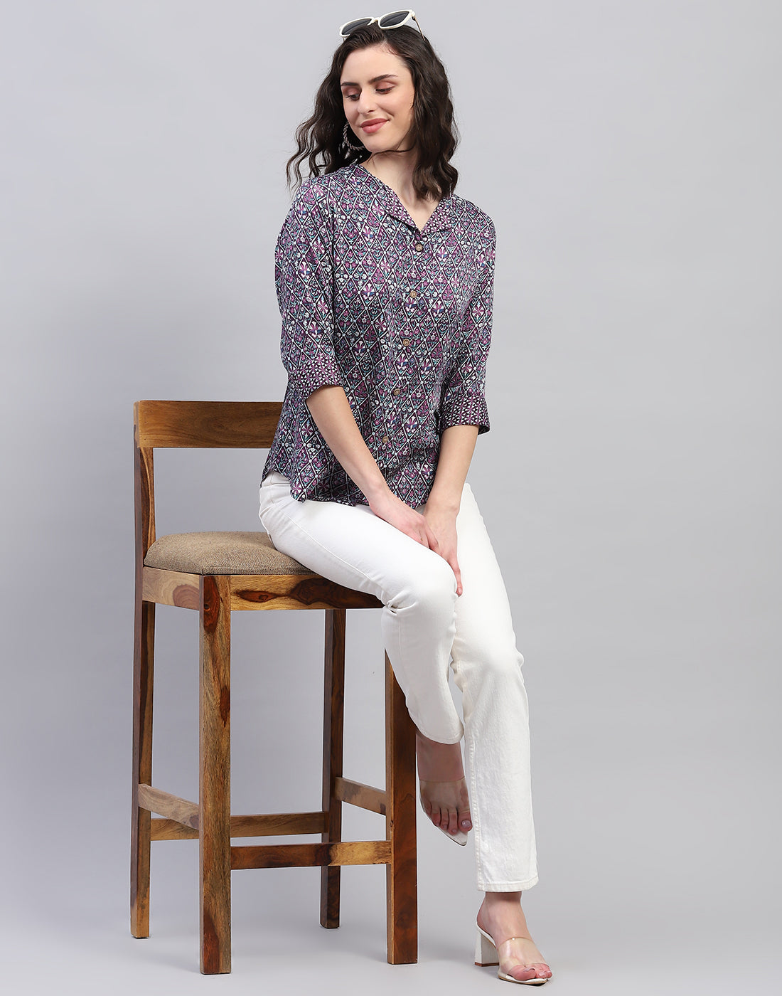Women Purple Printed Collar Neck Top