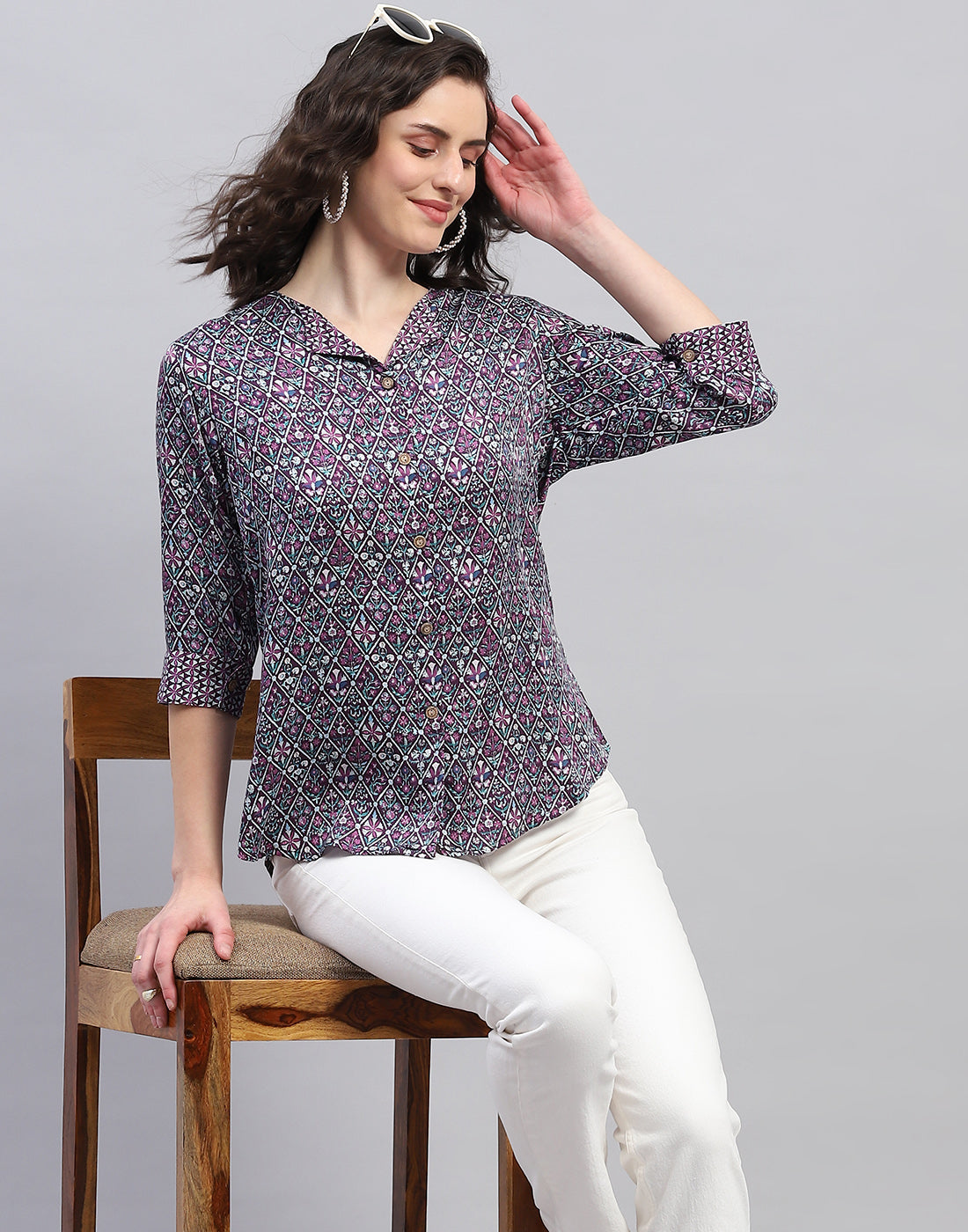 Women Purple Printed Collar Neck Top