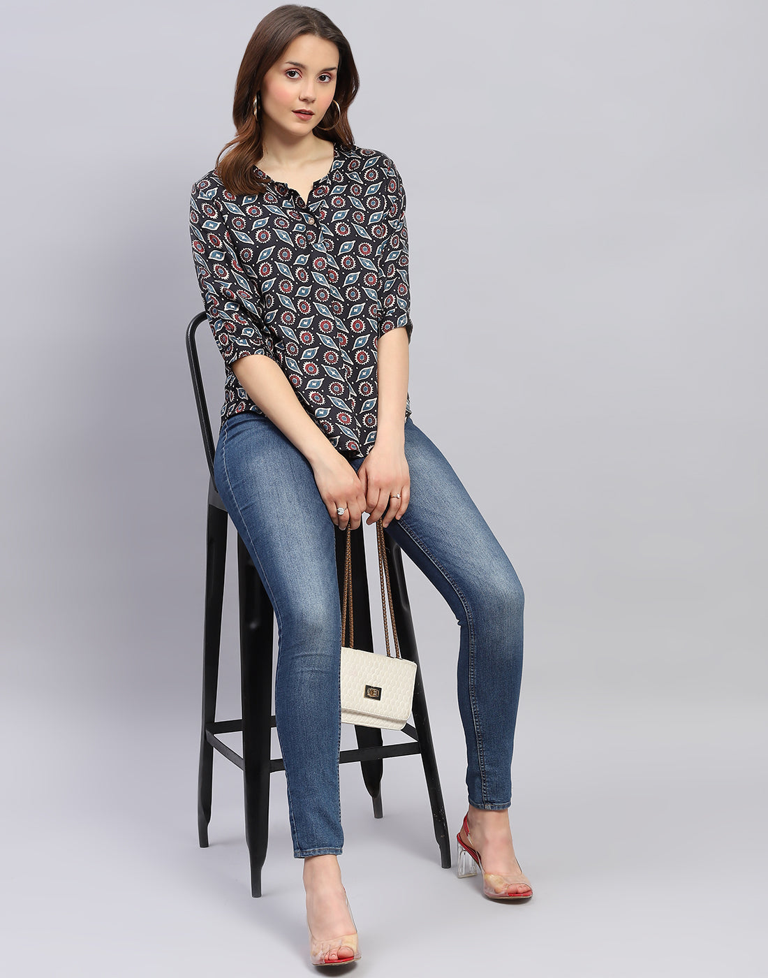 Women Black Printed V Neck 3/4 Sleeve Top