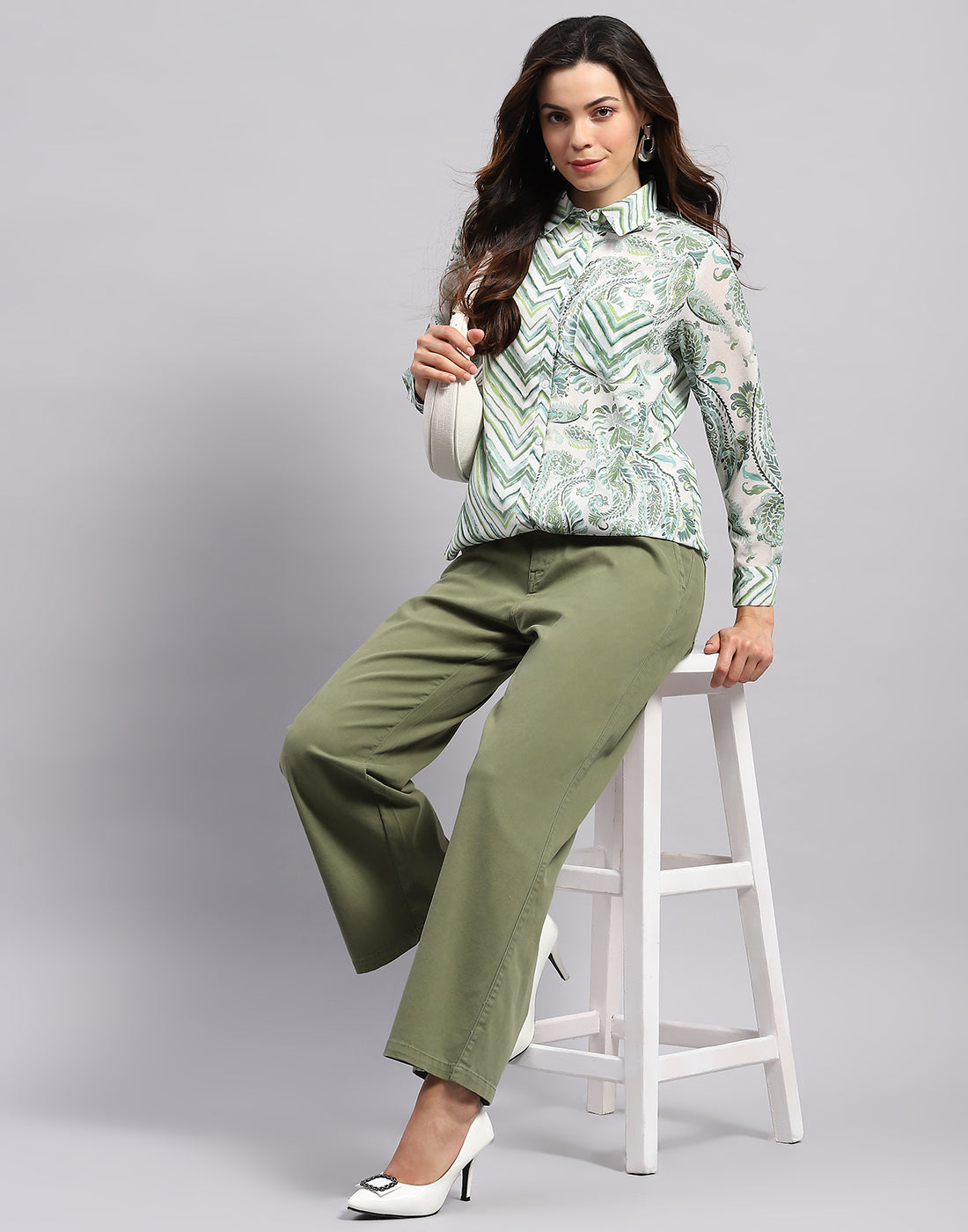 Women Green Printed Collar Full Sleeve Top