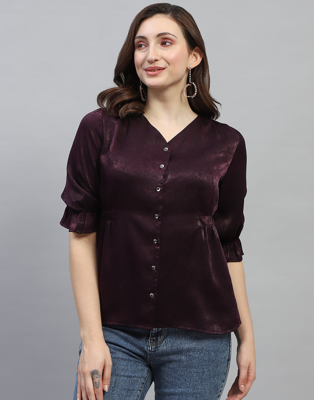 Women Purple Solid V Neck 3/4 Sleeve Top