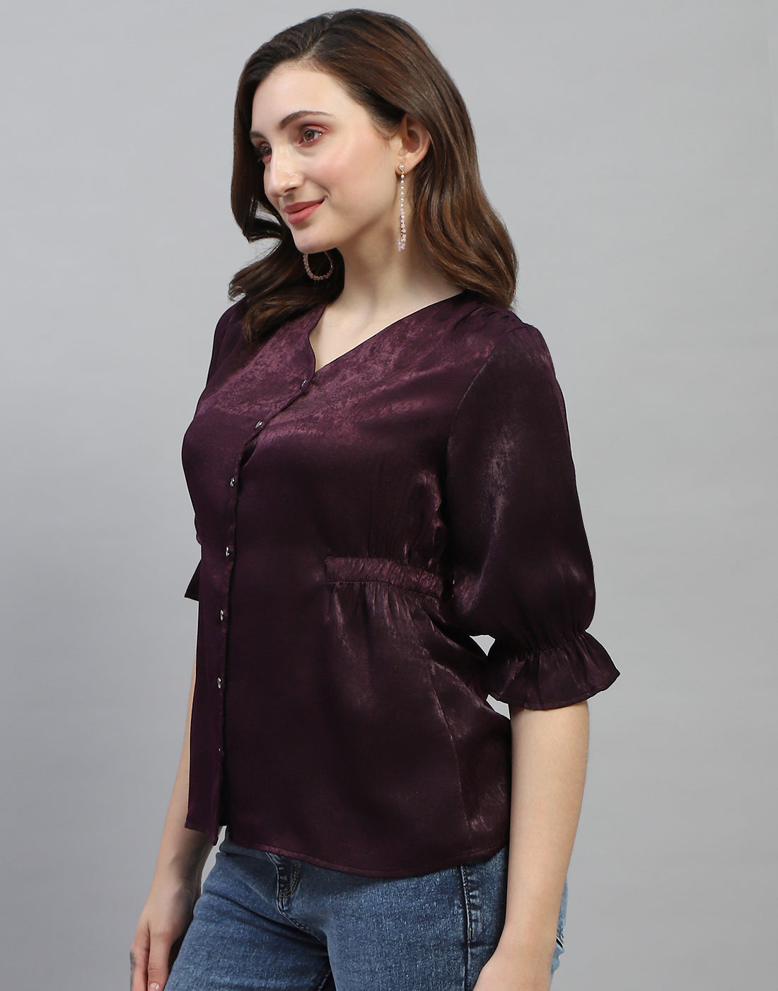 Women Purple Solid V Neck 3/4 Sleeve Top