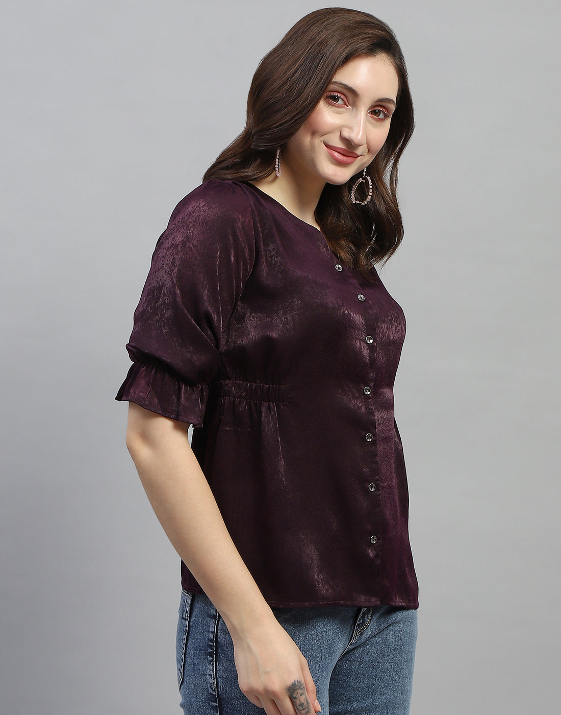 Women Purple Solid V Neck 3/4 Sleeve Top