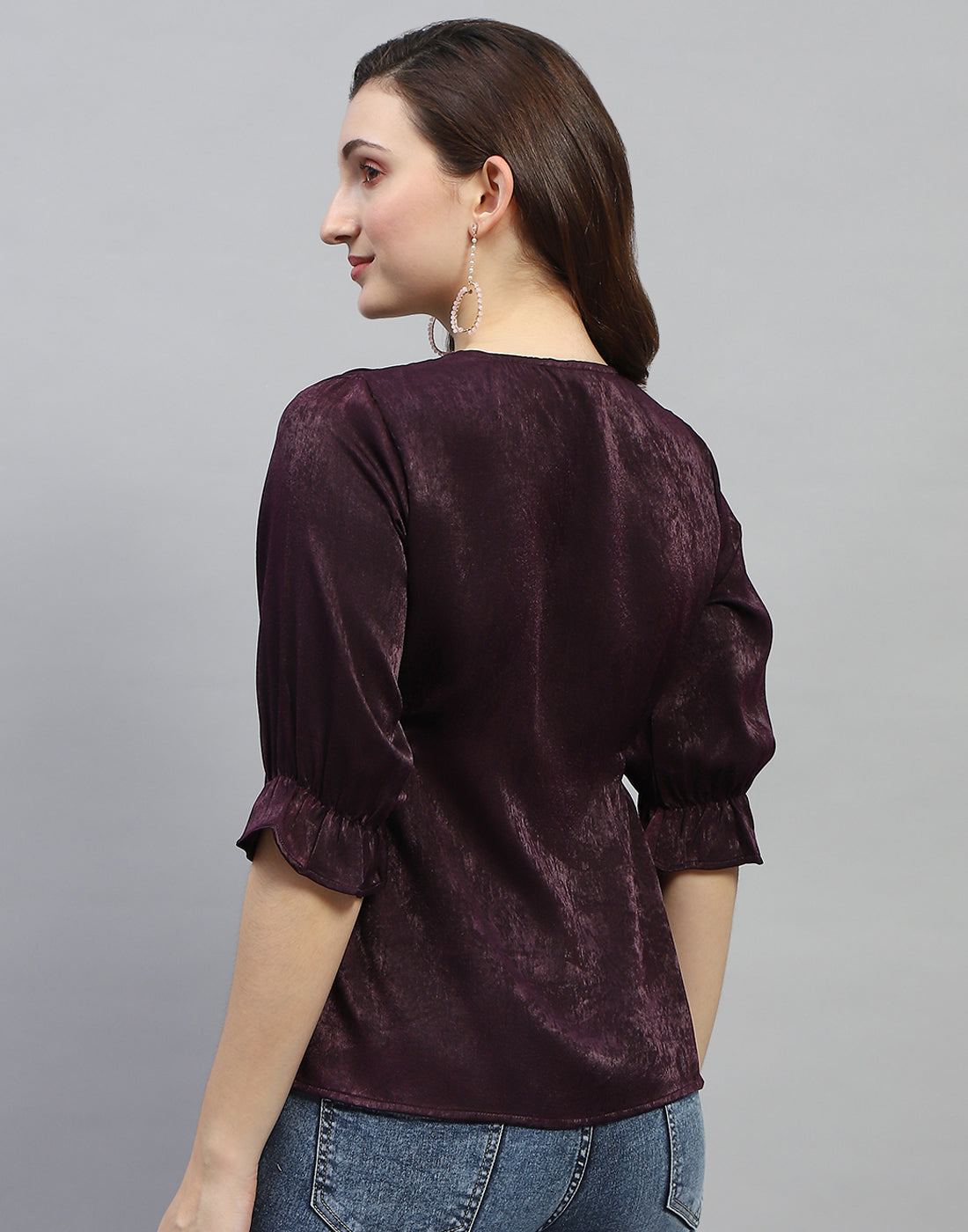 Women Purple Solid V Neck 3/4 Sleeve Top