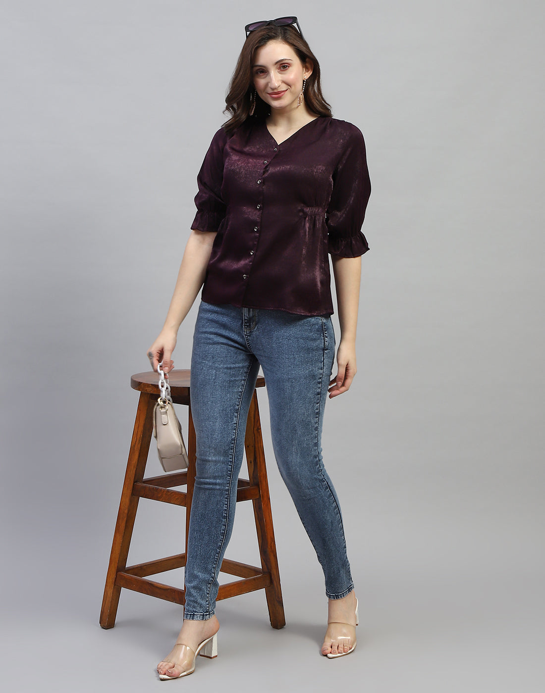 Women Purple Solid V Neck 3/4 Sleeve Top