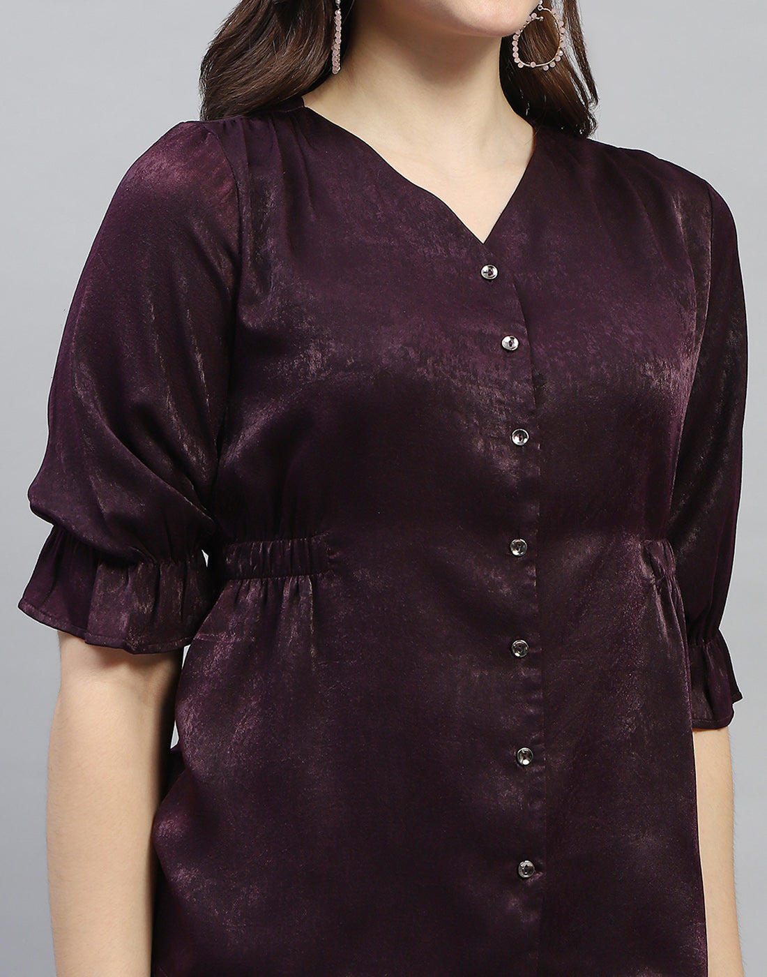 Women Purple Solid V Neck 3/4 Sleeve Top