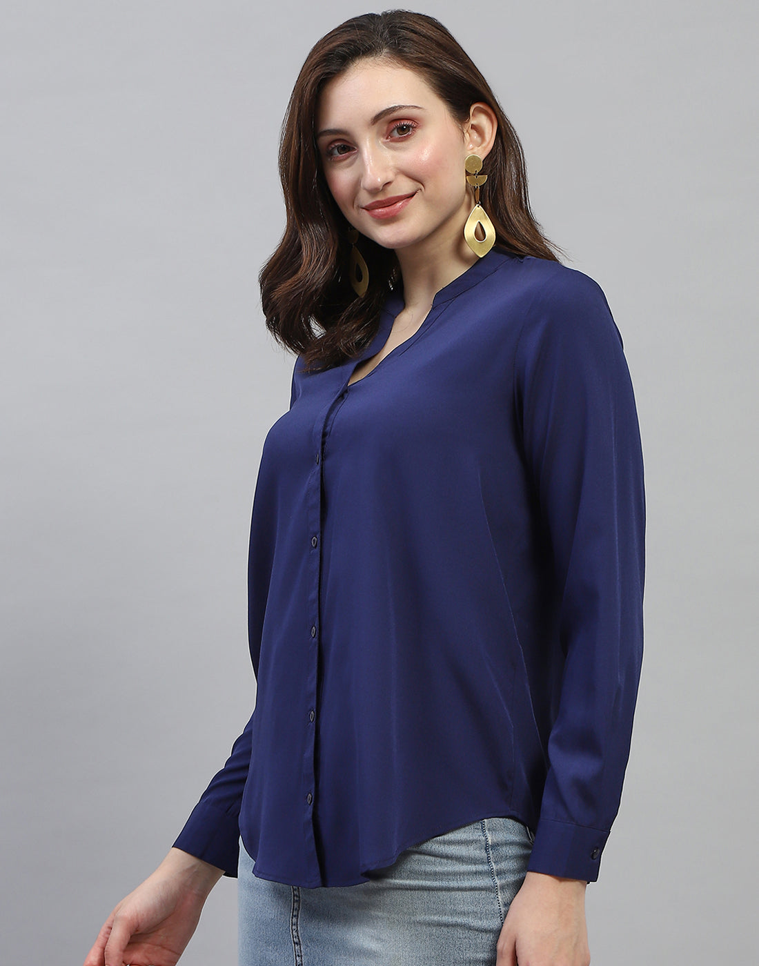 Women Navy Blue Solid Mandarin Collar Full Sleeve Top
