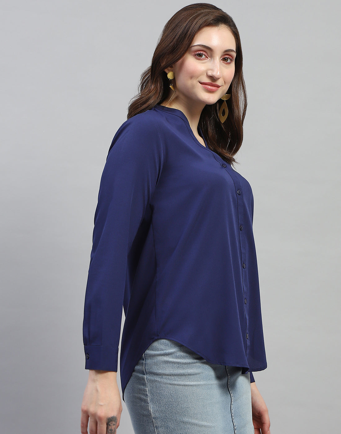 Women Navy Blue Solid Mandarin Collar Full Sleeve Top