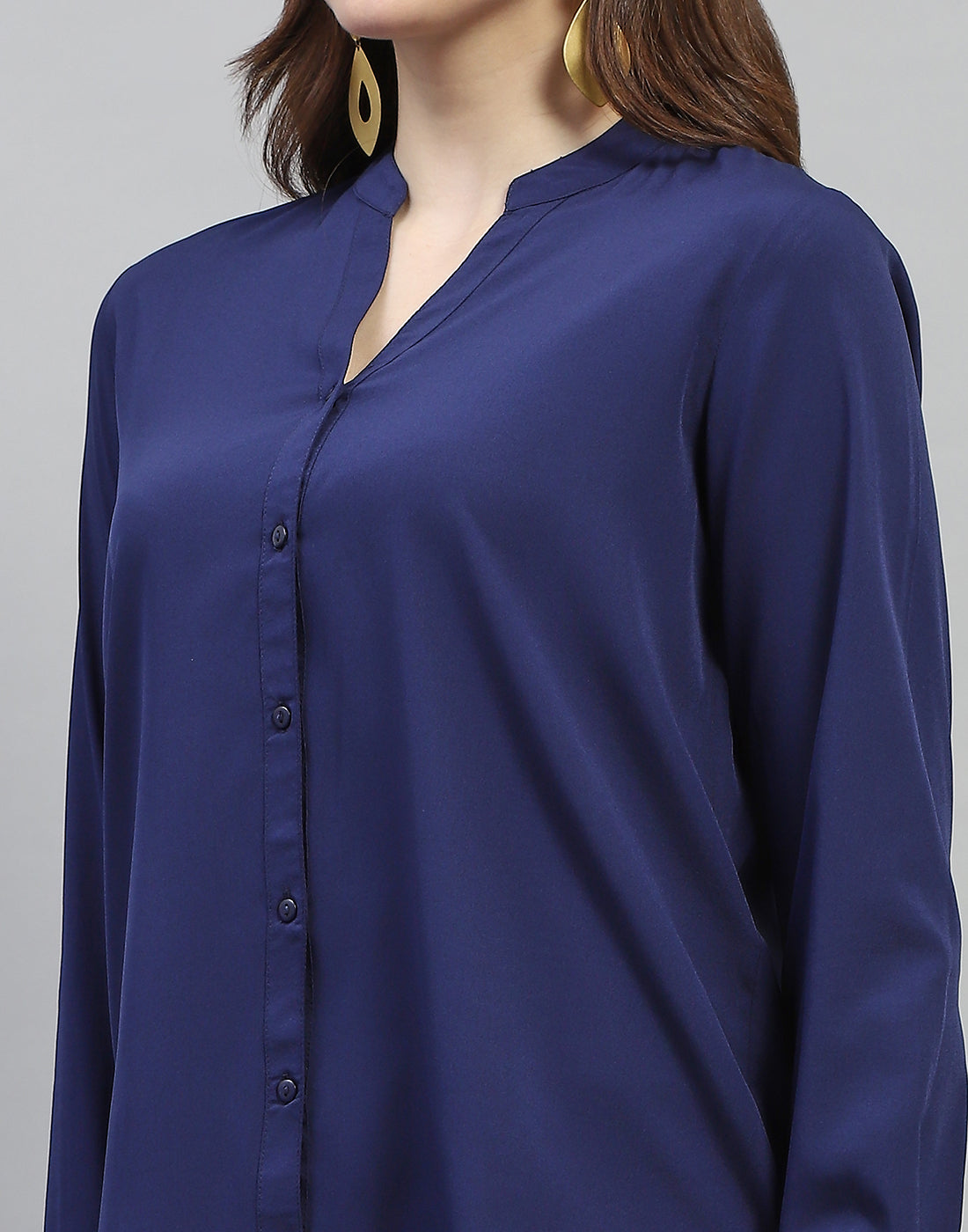 Women Navy Blue Solid Mandarin Collar Full Sleeve Top