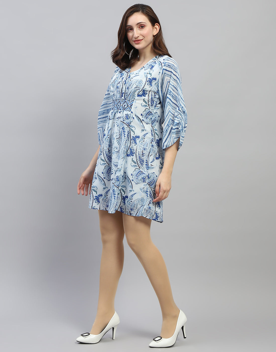 Women Sky Blue Printed V Neck 3/4 Sleeve Dress