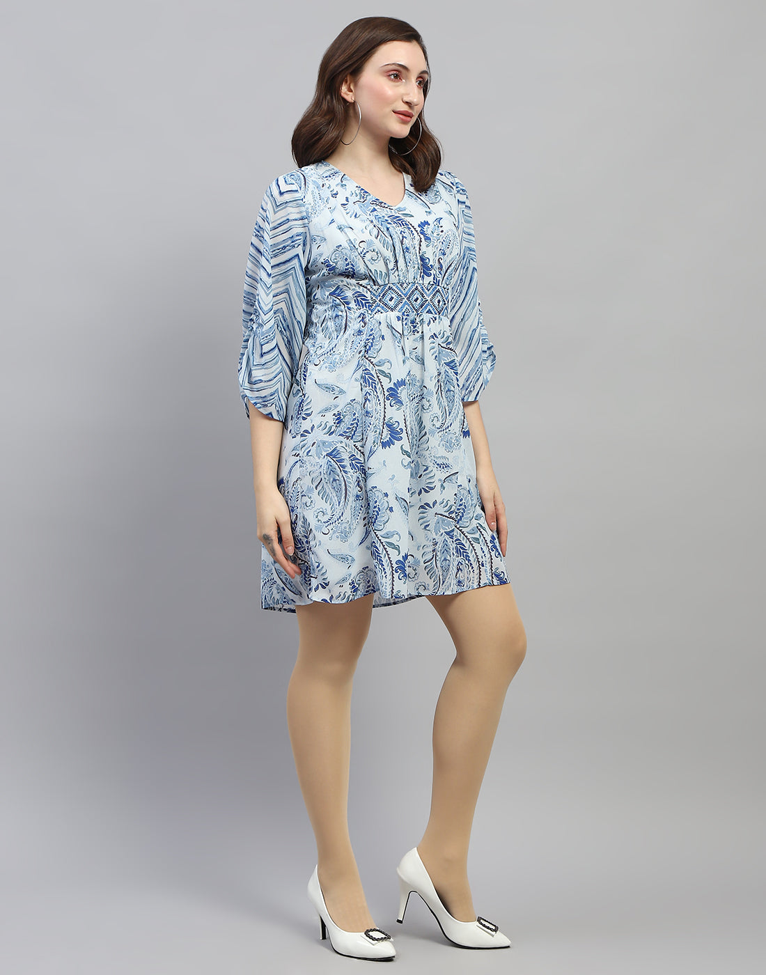 Women Sky Blue Printed V Neck 3/4 Sleeve Dress